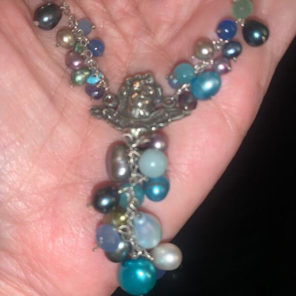 VINTAGE UNWORN STERLING SILVER CHERUB ANGEL  MULTI PEARL NECKLACE - Picture 1 of 10